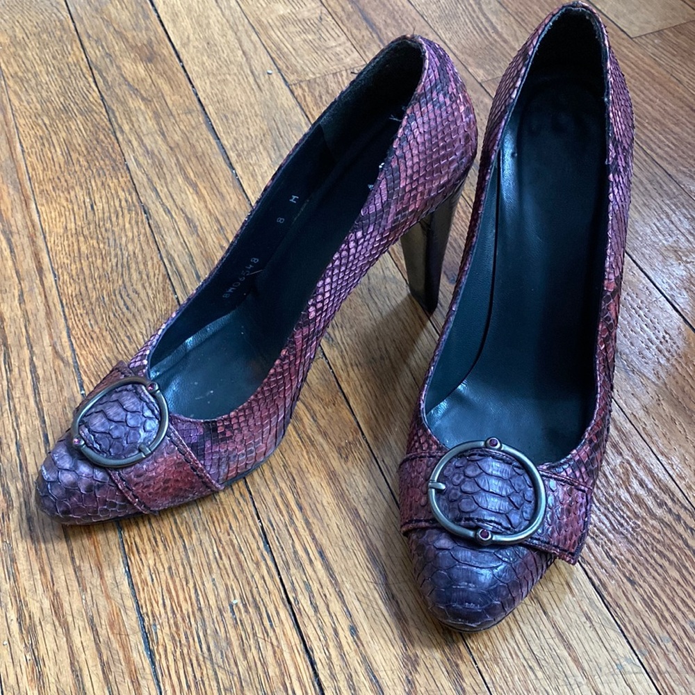 Stuart Weitzman Purple Python Pumps With Wood Sta… - image 1